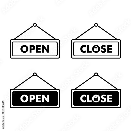 Open and closed hanging symbols. Frames for shop opening and closing signs. Symbol hanging at the entrance.
