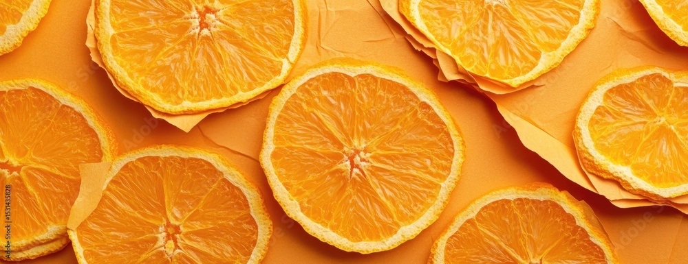 Fototapeta premium Close-up of sliced oranges on a textured, pale orange background