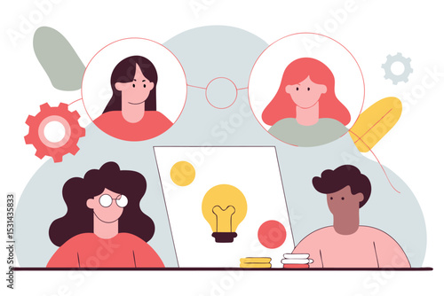 Brainstorming table with floaty idea bubbles, round-faced avatars, and quirky gadgets