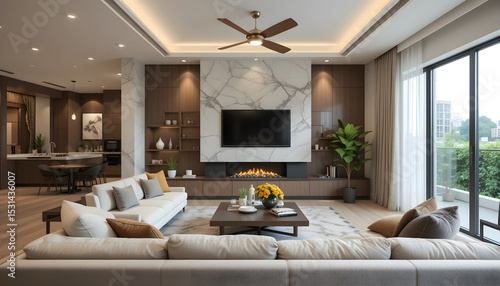 A photo of modern livingroom interior design: A living room filled with furniture and a ceiling fan
