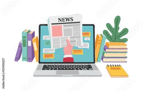 Flat illustration Online News and Information Access - Laptop, Books, and Digital Newspaper Concept