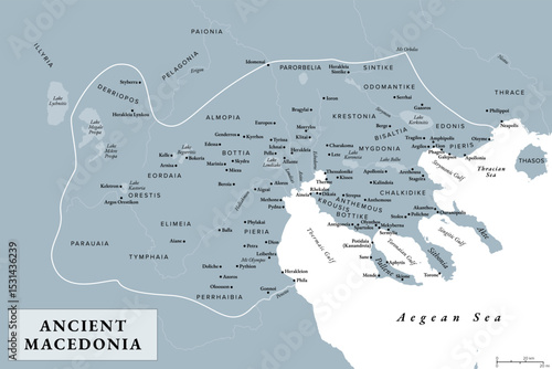 Ancient Macedonia, Macedon, gray history map with approximate boundaries before Roman conquest. Kingdom on periphery of Archaic and Classical Greece, later become dominant state of Hellenistic Greece.