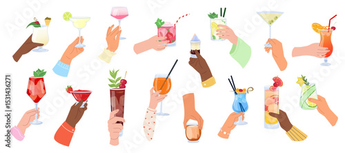 Big vector set of hands holding various cocktails. Collection illustrations of alcoholic drinks mix in diverse skin tones. Ideal for bar poster, summer party banner, drink card, menu or print design