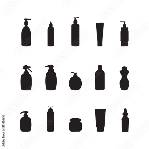 silhouettes of various beauty products cosmetic bottles lotions sprays and containers