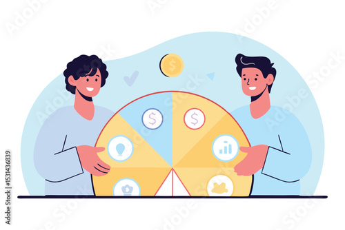 Investors sitting around a rounded pie chart table, each labeled with cartoon financial icons