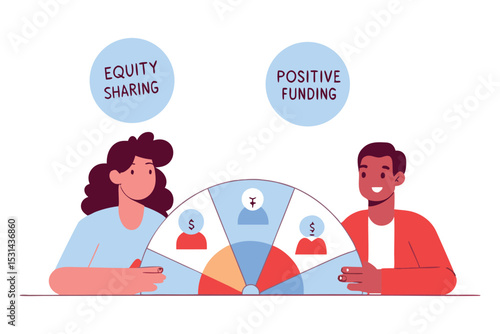 Investors sitting around a rounded pie chart table, each labeled with cartoon financial icons