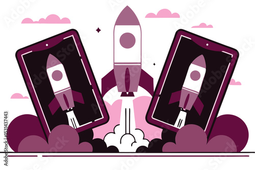 Rounded slide deck cards being launched like rockets, symbolizing a presentation rollout