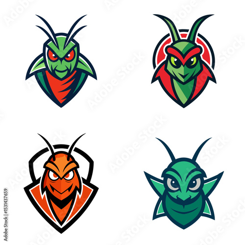Four insect mascot logo designs featuring stylized ant and grasshopper heads with aggressive expressions