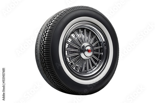 Classic whitewall tire with chrome spoke rim, isolated on white background
