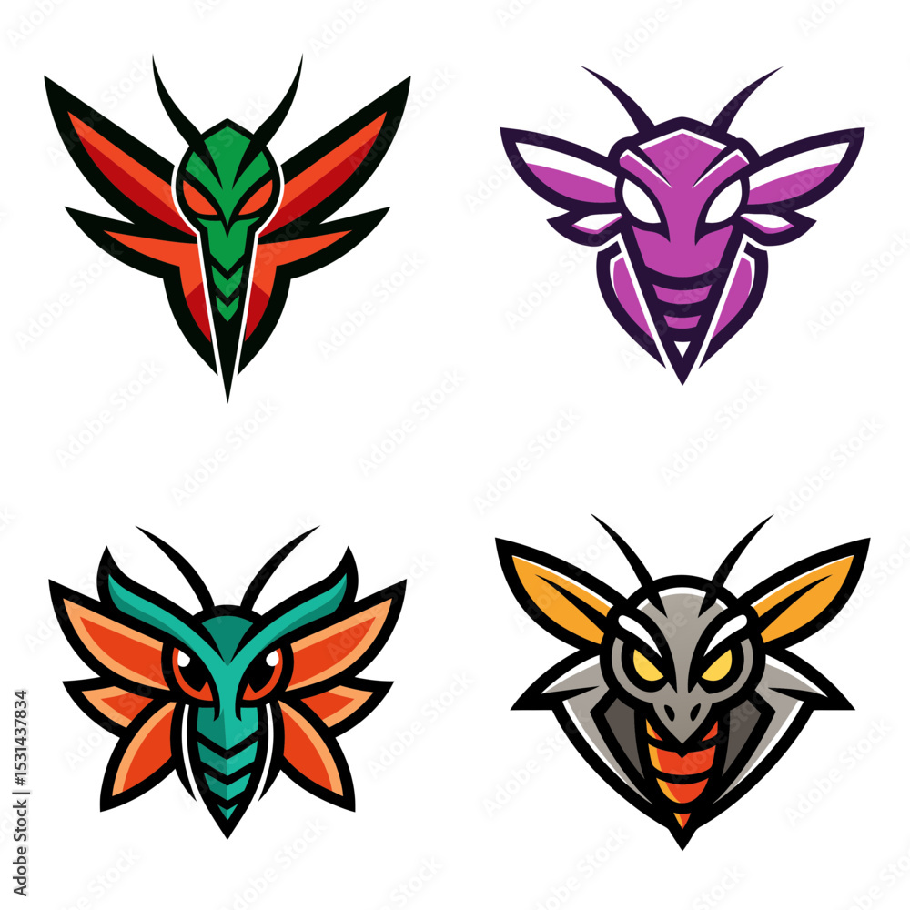 Collection of four insect head logos with varied colors and stylized wing designs in a square layout Collection of four insect head logos with varied colors and stylized wing designs in a square layout