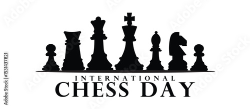 international chess day word text lettering typography illustration with chess pieces king, queen, rook, bishop, knight, and pawn silhouette set collection copyspace Place for text, chess backdrop bla