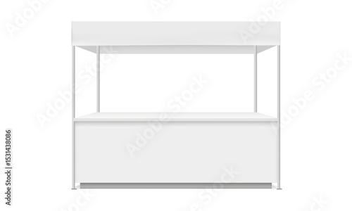 Outdoor Exhibition Kiosk Mockup With Table, Front View, Isolated On White Background. Vector Illustration