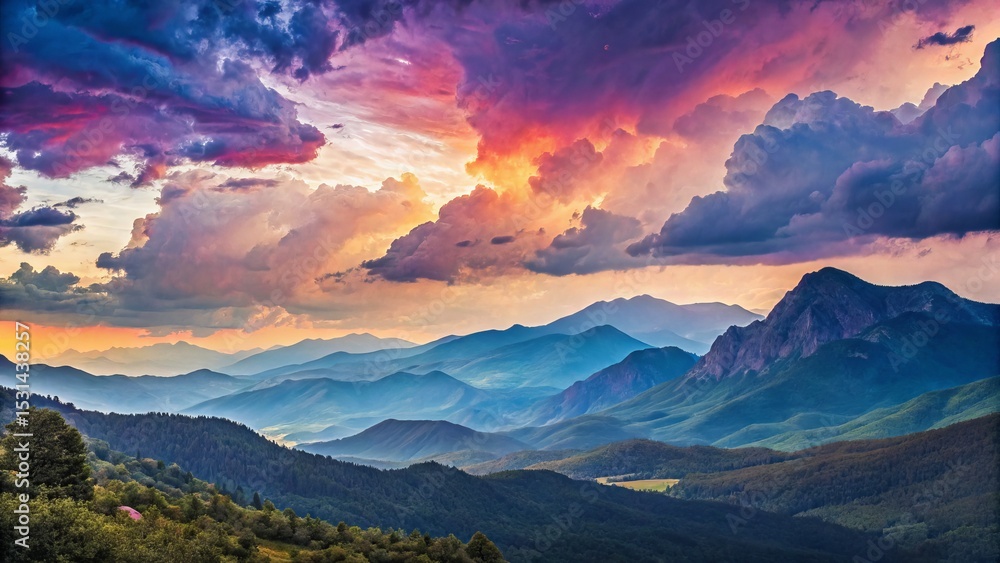 Sunset Mountain Landscape Vibrant Cloudscape Over Rolling Hills, Wide Angle Composition, Dramatic Colors landscape photography, mountain scenery Sunset Mountain Landscape Vibrant Cloudscape Over Rolling Hills, Wide Angle Composition, Dramatic Colors landscape photography, mountain scenery