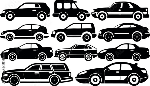 various car silhouette on white background. Vehicle icons set view from side, front, back, and top