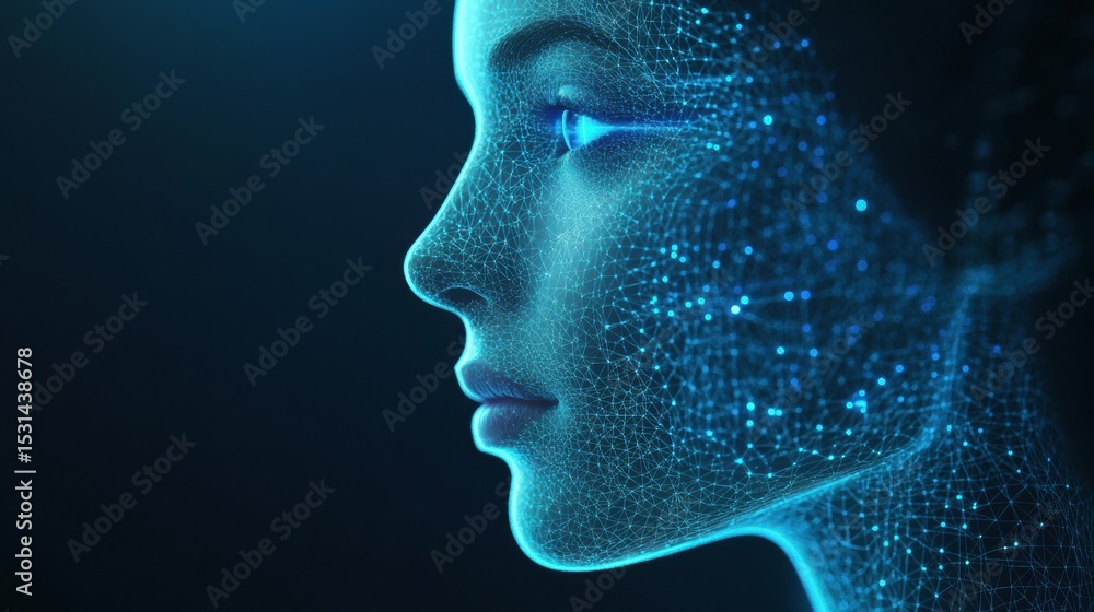 Futuristic female face in profile with glowing neural mesh, perfect for AI, tech innovation themes Futuristic female face in profile with glowing neural mesh, perfect for AI, tech innovation themes