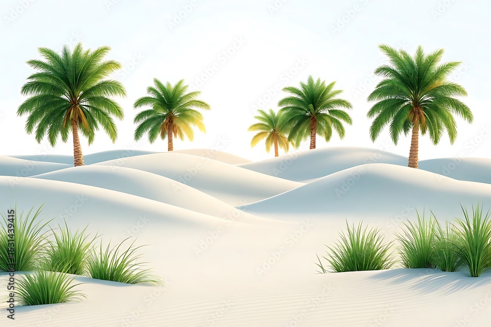 Fototapeta premium Palm trees rise from white sand dunes, isolated on white background