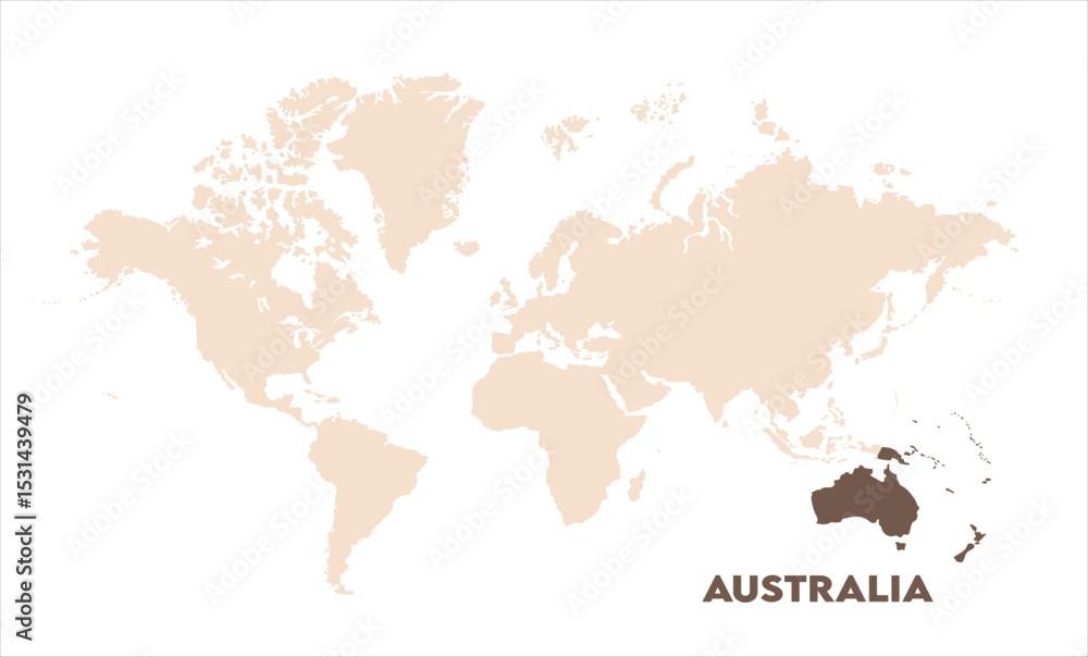 Naklejka premium Australia highlighted on world map-01, Map of Australia, highlighted on the world map, Australia on the world map, Satellite view, Australia location on the globe.