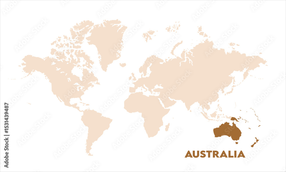 Naklejka premium Australia highlighted on world map-02, Map of Australia, highlighted on the world map, Australia on the world map, Satellite view, Australia location on the globe.