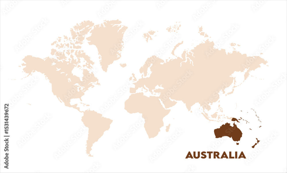 Naklejka premium Australia highlighted on world map-07, Map of Australia, highlighted on the world map, Australia on the world map, Satellite view, Australia location on the globe.