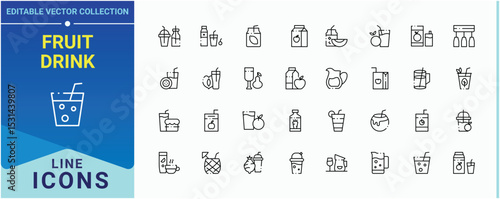 Fruit Drink line icon set. Related to beverage, wine, bottle, cocktail, restaurant, tea and more. Juice icon set in linear style. Vector outline icons collection. Editable stroke. Vector collection.