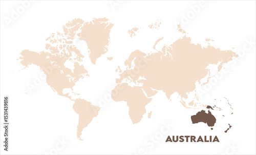 Australia highlighted on world map-09, Map of Australia, highlighted on the world map, Australia on the world map, Satellite view, Australia location on the globe.