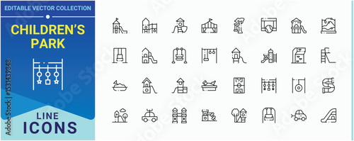 Children’s Park related icon set. Pack of game, area, toy, amusement, fun. Kid Playground icon set. Thin web icons. Editable stroke. Vector collection.