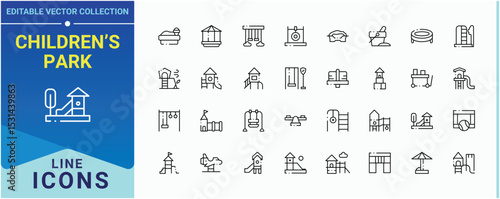 Children’s Park related icon set. Pack of game, area, toy, amusement, fun. Kid Playground icon set. Thin web icons. Editable stroke. Vector collection.