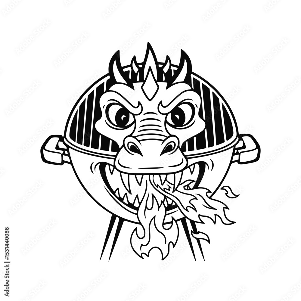 Obraz premium Dragon head with flames and barbecue grill details in monochrome 