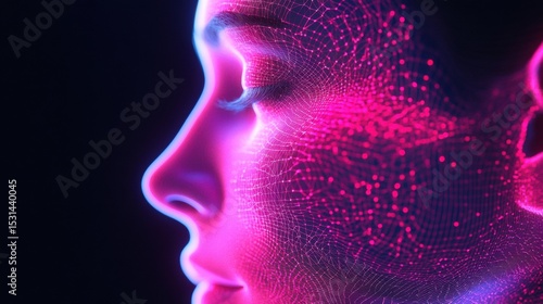 Futuristic female face in profile with glowing neural mesh, perfect for AI, tech innovation themes
