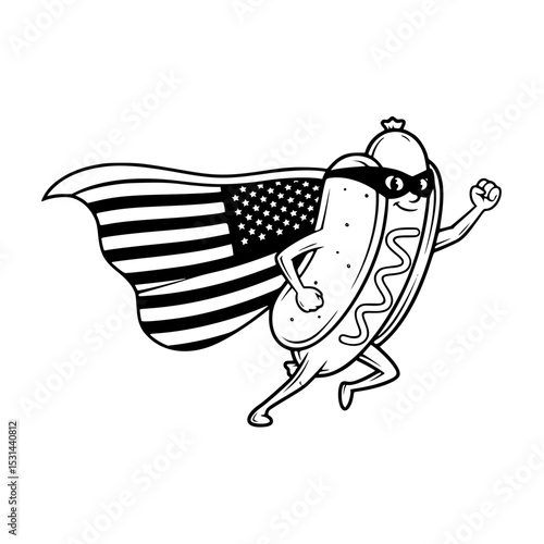 Cartoon hot dog superhero with American flag cape running  