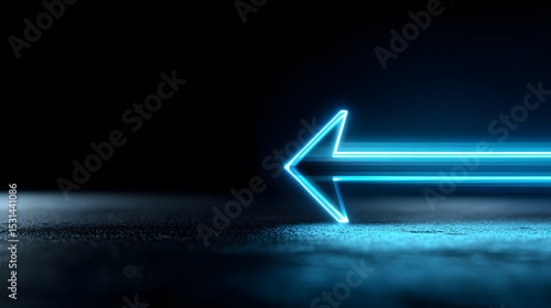 Glowing neon blue arrow pointing left on a dark surface with light trails and a black background