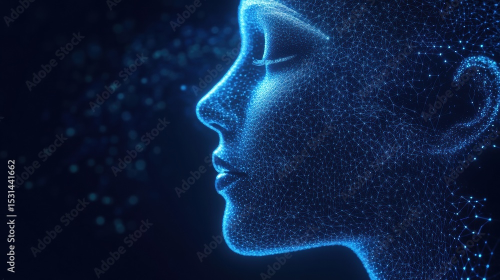 Futuristic female face in profile with glowing neural mesh, perfect for AI, tech innovation themes Futuristic female face in profile with glowing neural mesh, perfect for AI, tech innovation themes