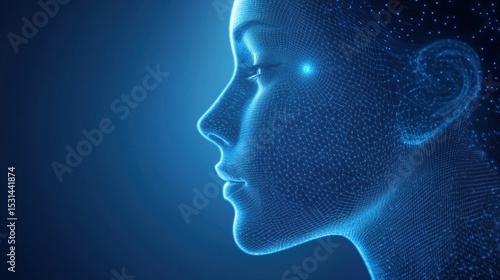 Futuristic female face in profile with glowing neural mesh, perfect for AI, tech innovation themes