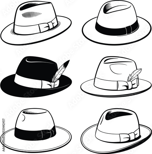 Collection of Classic Fedora Hats: Stylish Headwear with Feathers and Ribbons for Fashion, Accessories, and Vintage Apparel Concepts