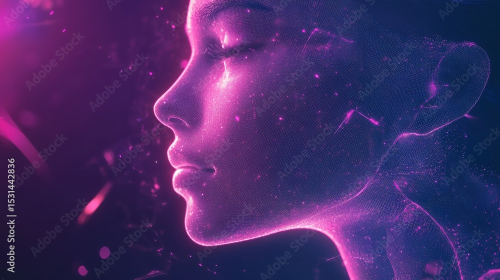 Futuristic female face in profile with glowing neural mesh, perfect for AI, tech innovation themes Futuristic female face in profile with glowing neural mesh, perfect for AI, tech innovation themes