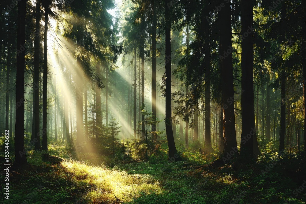 Obraz premium Sunlight streams through misty forest