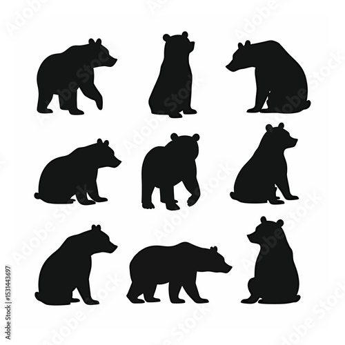 Nine black bear silhouettes different poses bear set