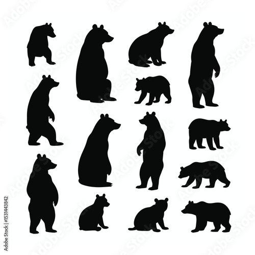 Bear silhouettes collection various poses sizes cute wildlife set