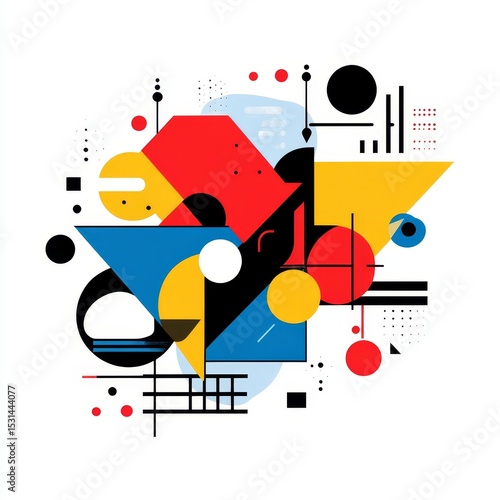 Abstract geometric composition with overlapping red, yellow, blue, black, and white shapes, accented by lines and dots creating a modern, minimalistic design.