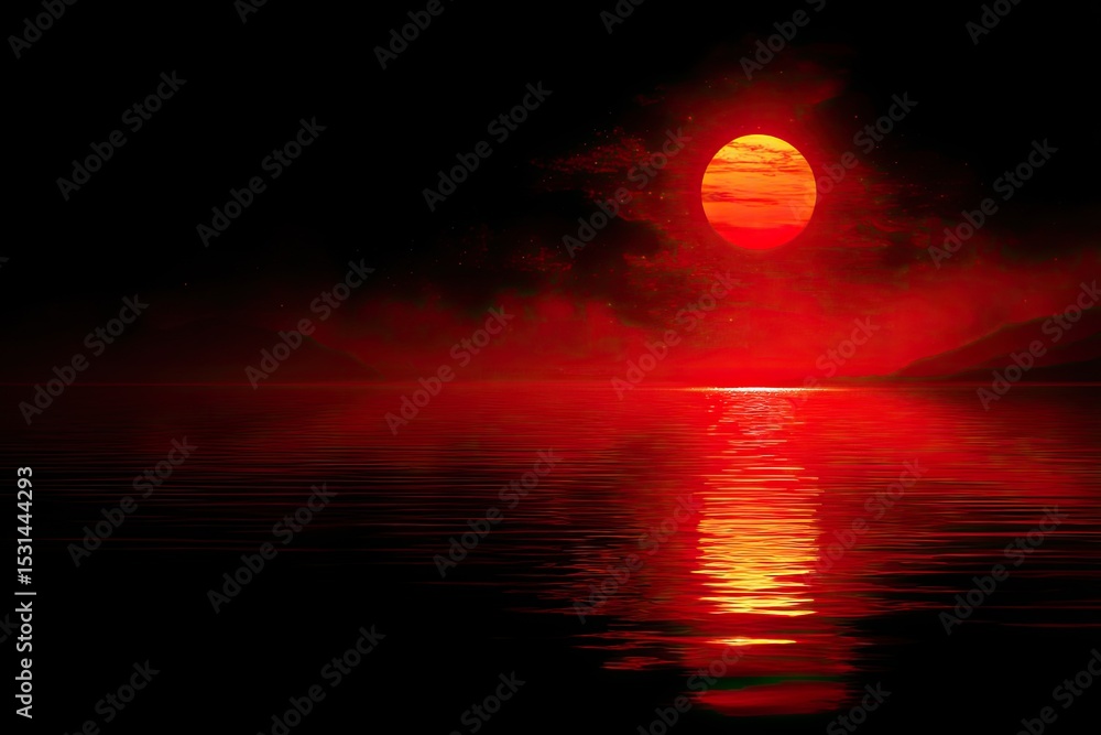 Obraz premium Fiery red sunset over a dark, still lake