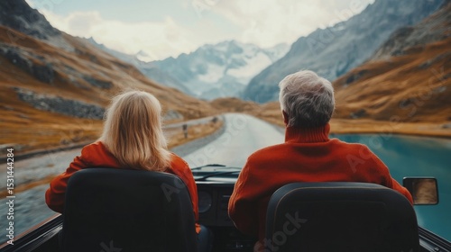 Senior Couple on Scenic Road Trip through Majestic Mountains
