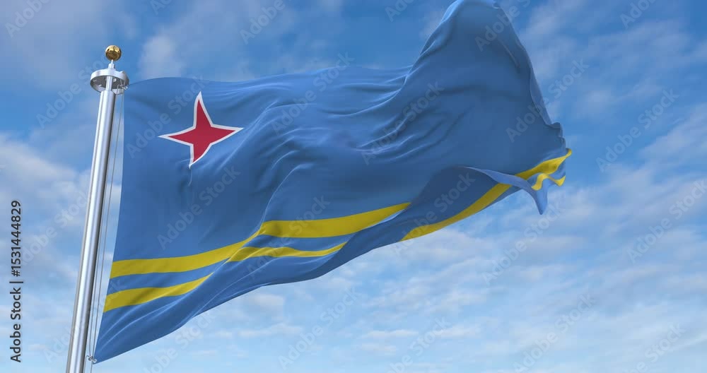 Aruba flag with flagpole waving in wind, rolling clouds background looping, 4K video (Perfect Loop)