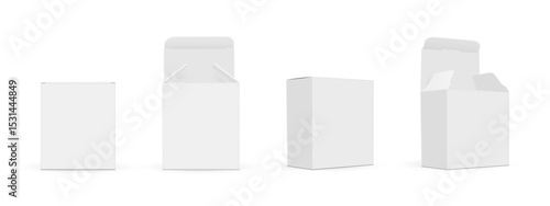 Set Of Small Square Packaging Boxes Mockups, Front and Side View, Opened and Closed Lid, Isolated On White Background. Vector Illustration