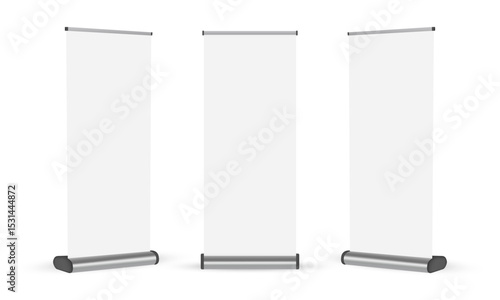 Roll-Up Banner Mockup, Front And Side View Isolated On White Background. Vector Illustration