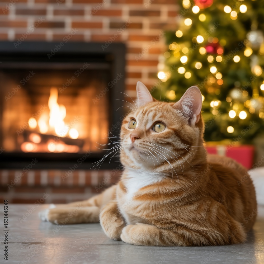 Cozy ginger cat by fireplace christmas tree Cozy ginger cat by fireplace christmas tree