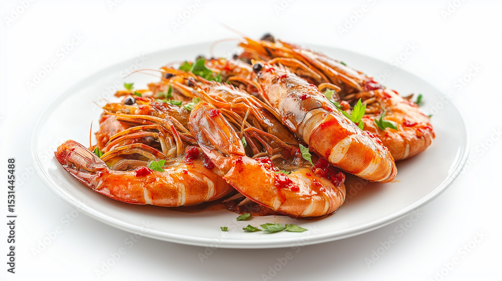 delicious grilled prawns covered in red chilli sauce on a white plate, white background delicious grilled prawns covered in red chilli sauce on a white plate, white background