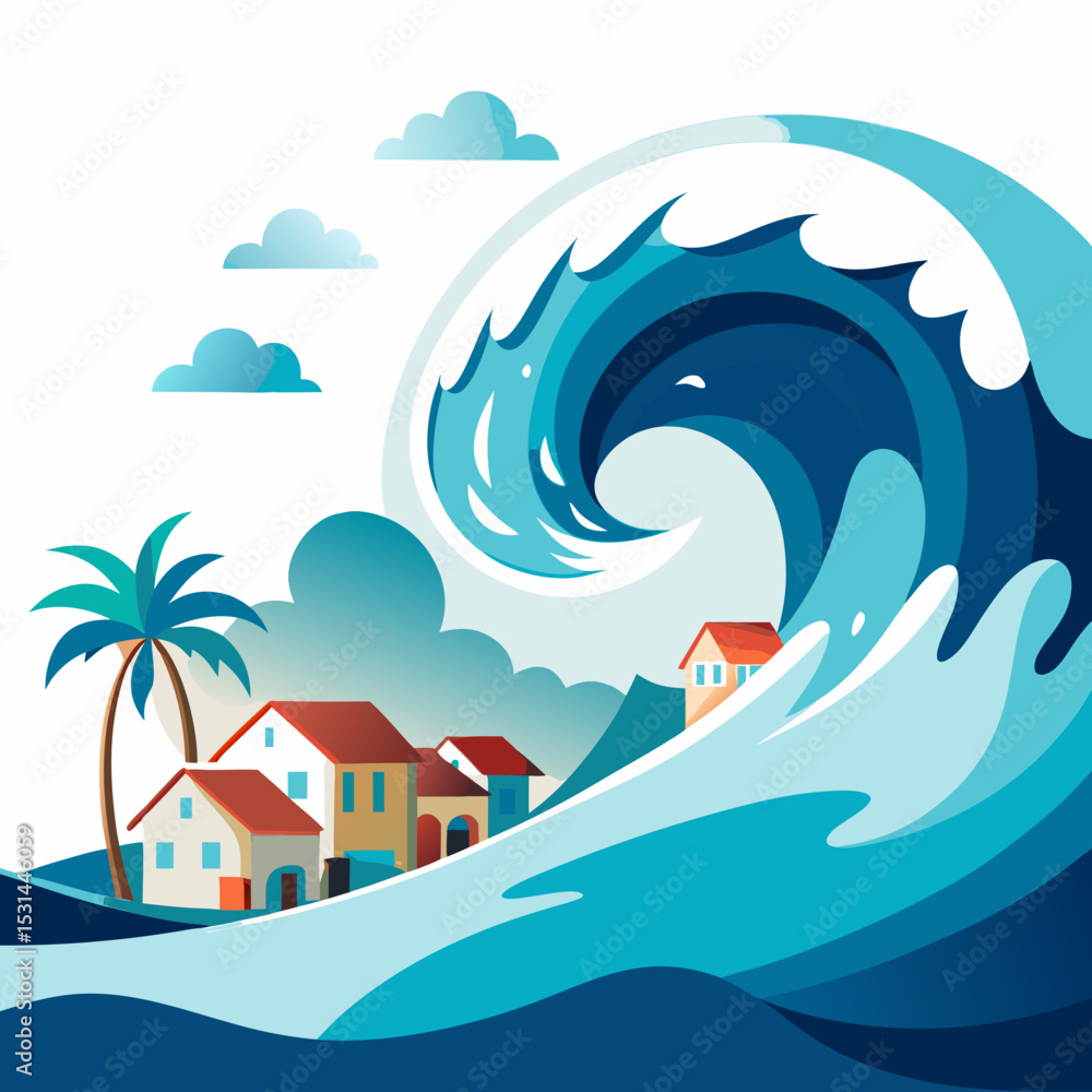 Naklejka premium Tsunami Wave Coastal Disaster Vector Illustration