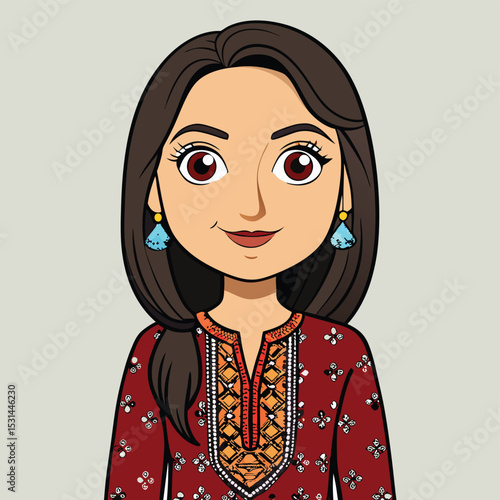 A Pakistani woman in her 30s, in a formal lawn print shalwar kameez, depicting everyday elegance.