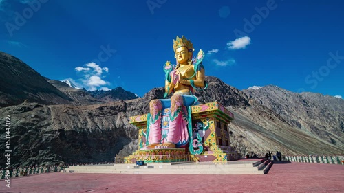 Timelapse A golden statue of Maitreya Buddha at Diskit Monastery also known as Diskit Gompa or Diskit Gompa is the oldest and largest Buddhist monastery in the Nubra Valley of Ladakh, northern India.