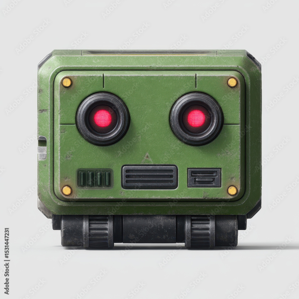 Fototapeta premium Green robotic device with boxy shape, featuring two red glowing eyes, small vents, and rugged design, set against plain